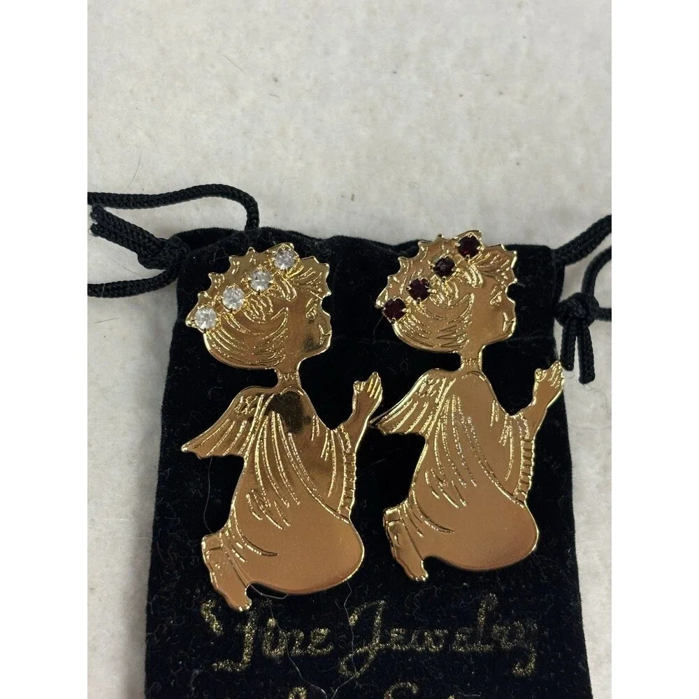Vintage Seta Birthstone Angel Brooch Pins January Garnet April Rhinestone Pair